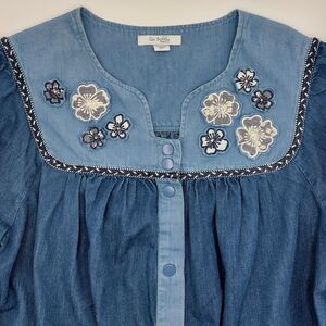 Go Softly Patio House Dress Women's Large Blue Applique MuuMuu Lounge Snap Front